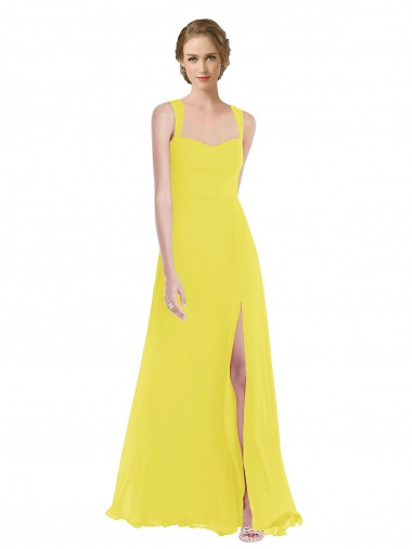 Amarillo línea A Tirantes espagueti Gasa Largo Vestidos de dama de honor Al Por Mayor