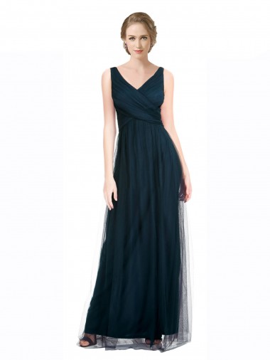Azul 7 línea A Cuello en V Tul Largo Vestidos de dama de honor Al Por Mayor
