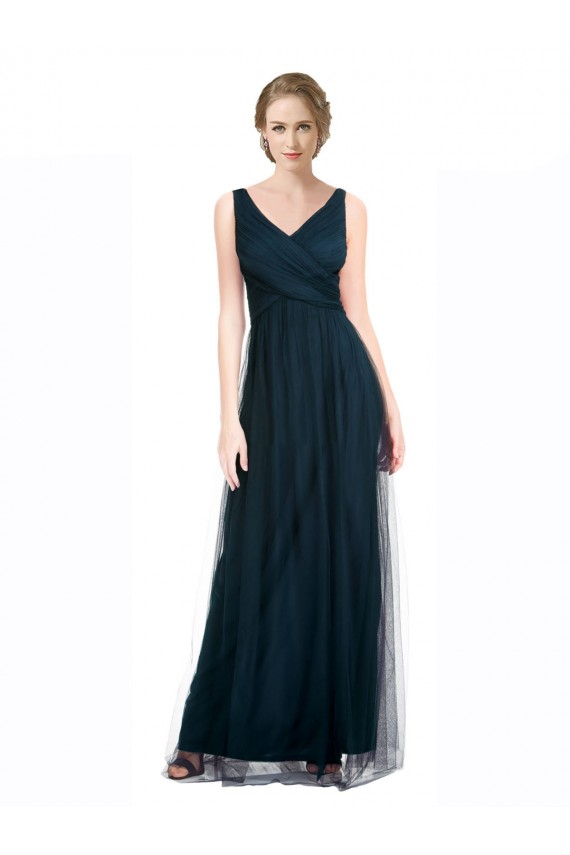Azul 7 línea A Cuello en V Tul Largo Vestidos de dama de honor Al Por Mayor