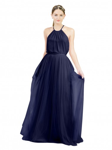 Azul Marino 21 línea A Halter Cuello Alto Tul Largo Vestidos de dama de honor Al Por Mayor