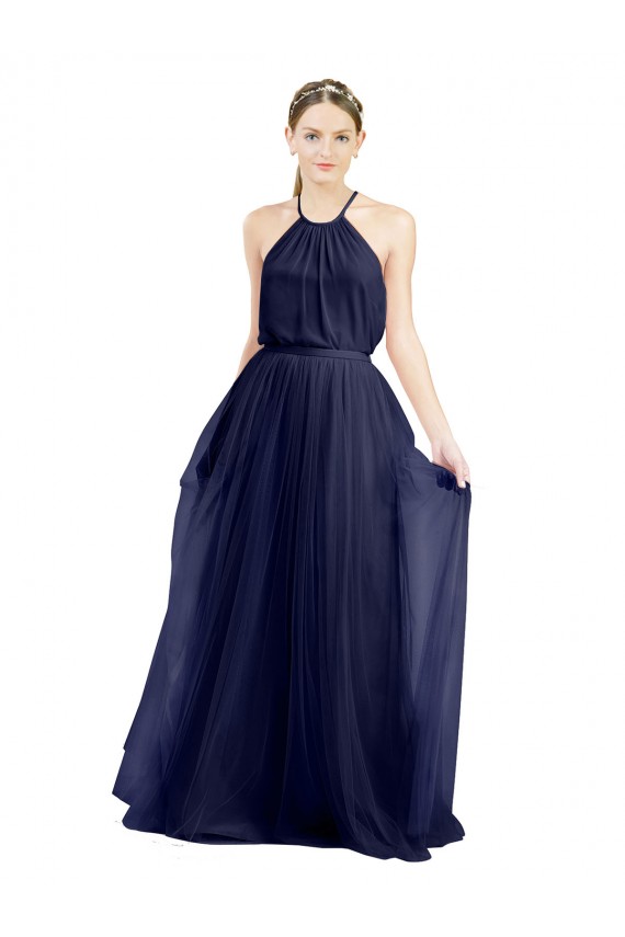 Azul Marino 21 línea A Halter Cuello Alto Tul Largo Vestidos de dama de honor Al Por Mayor