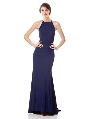 Azul Marino Sirena Halter Cuello Alto Crepé Elástico Largo Formales Vestidos de dama de honor / Vestidos de fiesta Al Por Mayor