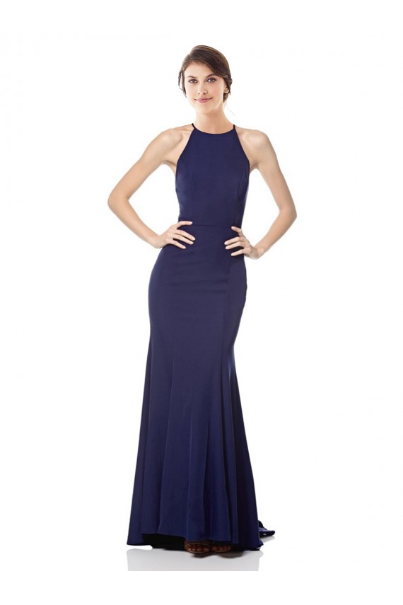 Azul Marino Sirena Halter Cuello Alto Crepé Elástico Largo Formales Vestidos de dama de honor / Vestidos de fiesta Al Por Mayor