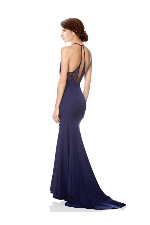 Azul Marino Sirena Halter Cuello Alto Crepé Elástico Largo Formales Vestidos de dama de honor / Vestidos de fiesta Al Por Mayor