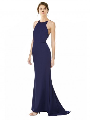 Azul Marino Sirena Halter Cuello Alto Crepé Elástico Largo Formales Vestidos de dama de honor / Vestidos de fiesta Al Por Mayor