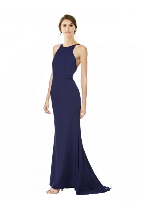 Azul Marino Sirena Halter Cuello Alto Crepé Elástico Largo Formales Vestidos de dama de honor / Vestidos de fiesta Al Por Mayor