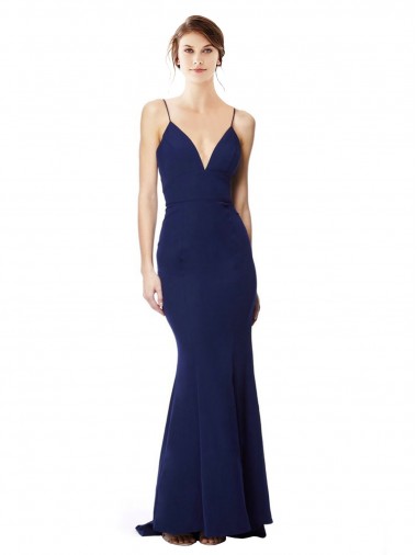 Azul Marino Sirena Tirantes espagueti Cuello en V Cuello Alto Crepé Elástico Largo Formales Vestidos de dama de honor / Vestidos de fiesta Al Por Mayor