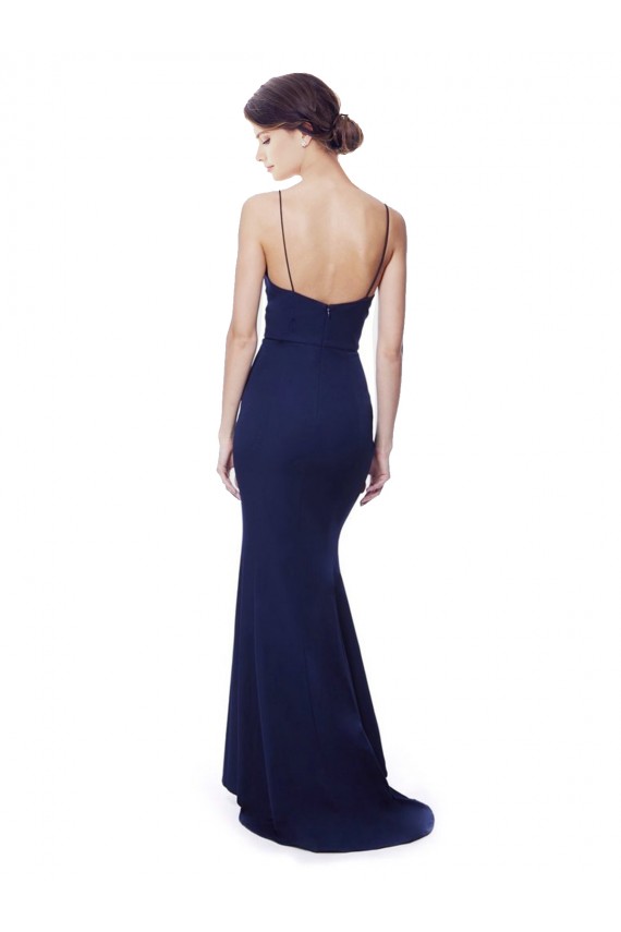 Azul Marino Sirena Tirantes espagueti Cuello en V Cuello Alto Crepé Elástico Largo Formales Vestidos de dama de honor / Vestidos de fiesta Al Por Mayor