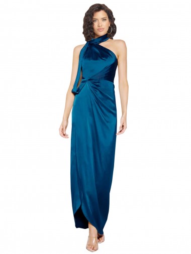 Azul Verde pavo real Cubierta Halter Cuello Alto Satén sedoso Largo Formales Vestidos de dama de honor / Vestidos de fiesta Al Por Mayor