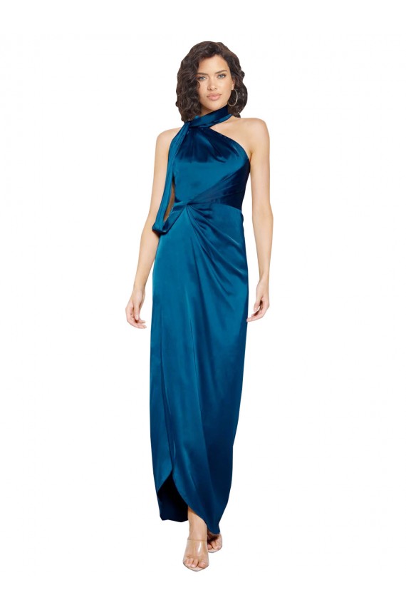 Azul Verde pavo real Cubierta Halter Cuello Alto Satén sedoso Largo Formales Vestidos de dama de honor / Vestidos de fiesta Al Por Mayor
