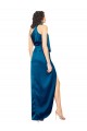 Azul Verde pavo real Cubierta Halter Cuello Alto Satén sedoso Largo Formales Vestidos de dama de honor / Vestidos de fiesta Al Por Mayor