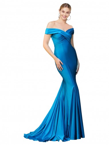 Azul Verde pavo real Sirena Hombros Descubiertos Satén Largo Formales Vestidos de dama de honor / Vestidos de fiesta Al Por Mayor