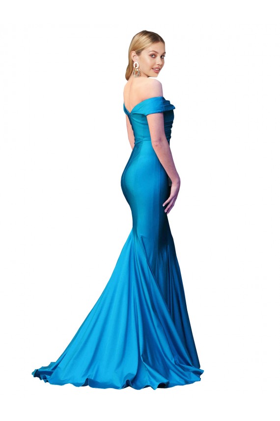 Azul Verde pavo real Sirena Hombros Descubiertos Satén Largo Formales Vestidos de dama de honor / Vestidos de fiesta Al Por Mayor
