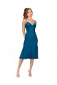 Azul Verde pavo real línea A Cuello en V Midi Satén sedoso Corto Vestidos de dama de honor / Vestidos de fiesta / Vestidos de cóctel Al Por Mayor