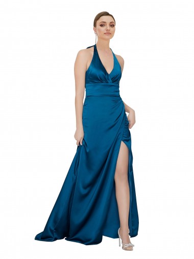 Azul Verde pavo real línea A Halter Satén sedoso Largo Formales Vestidos de dama de honor / Vestidos de fiesta Al Por Mayor