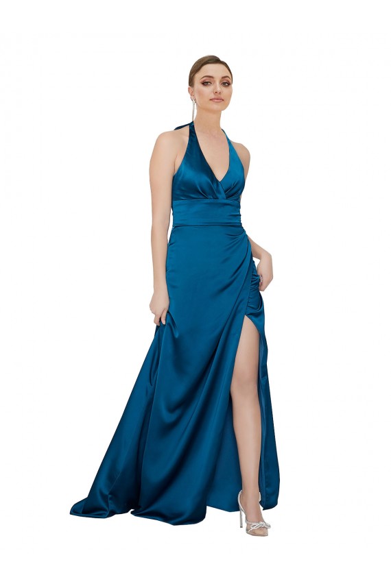 Azul Verde pavo real línea A Halter Satén sedoso Largo Formales Vestidos de dama de honor / Vestidos de fiesta Al Por Mayor