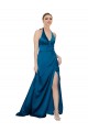 Azul Verde pavo real línea A Halter Satén sedoso Largo Formales Vestidos de dama de honor / Vestidos de fiesta Al Por Mayor