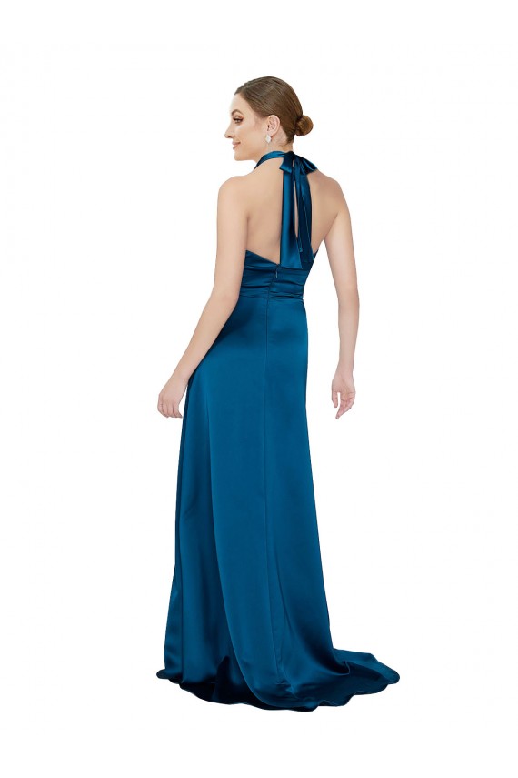 Azul Verde pavo real línea A Halter Satén sedoso Largo Formales Vestidos de dama de honor / Vestidos de fiesta Al Por Mayor