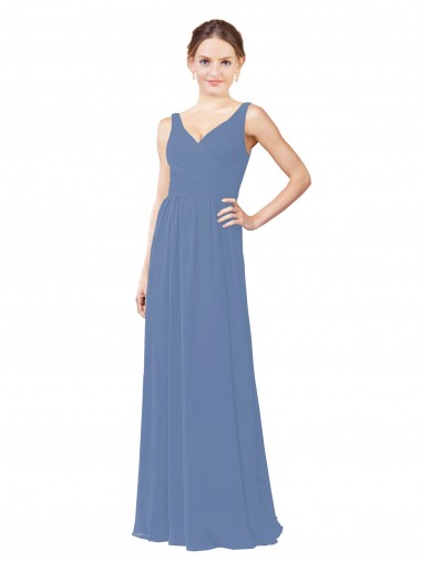 Azul Windsor Cubierta Cuello en V Gasa Largo Vestidos de dama de honor Al Por Mayor