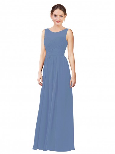 Azul Windsor Cubierta Ilusión Cuello de Corazón Gasa Largo Vestidos de dama de honor Al Por Mayor