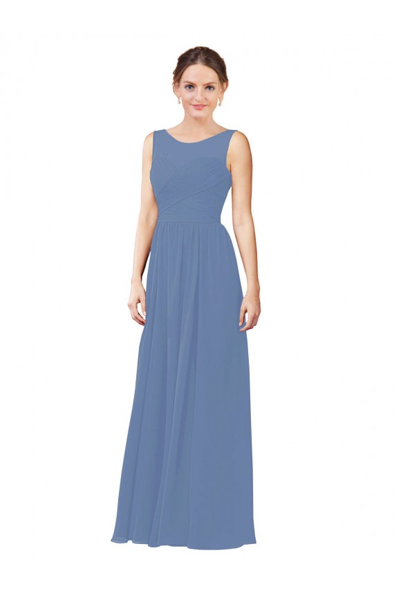 Azul Windsor Cubierta Ilusión Cuello de Corazón Gasa Largo Vestidos de dama de honor Al Por Mayor