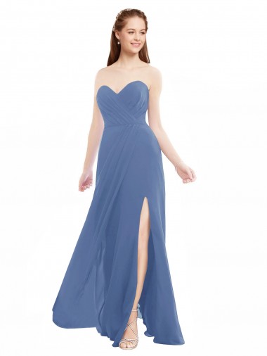 Azul Windsor línea A Cuello de Corazón Sin tirantes Gasa Largo Vestidos de dama de honor Al Por Mayor