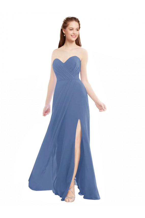 Azul Windsor línea A Cuello de Corazón Sin tirantes Gasa Largo Vestidos de dama de honor Al Por Mayor