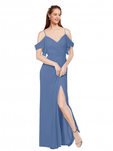 Azul Windsor línea A Hombros Descubiertos Gasa Largo Vestidos de dama de honor Al Por Mayor