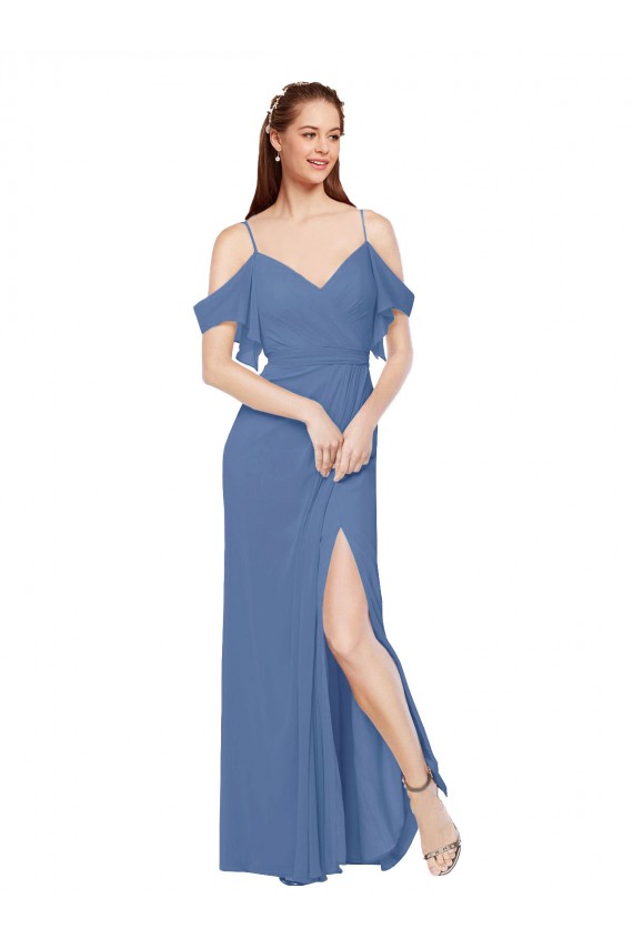 Azul Windsor línea A Hombros Descubiertos Gasa Largo Vestidos de dama de honor Al Por Mayor