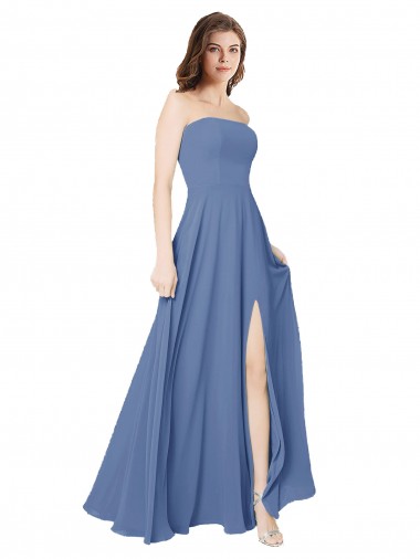 Azul Windsor línea A Sin tirantes Gasa Largo Vestidos de dama de honor Al Por Mayor