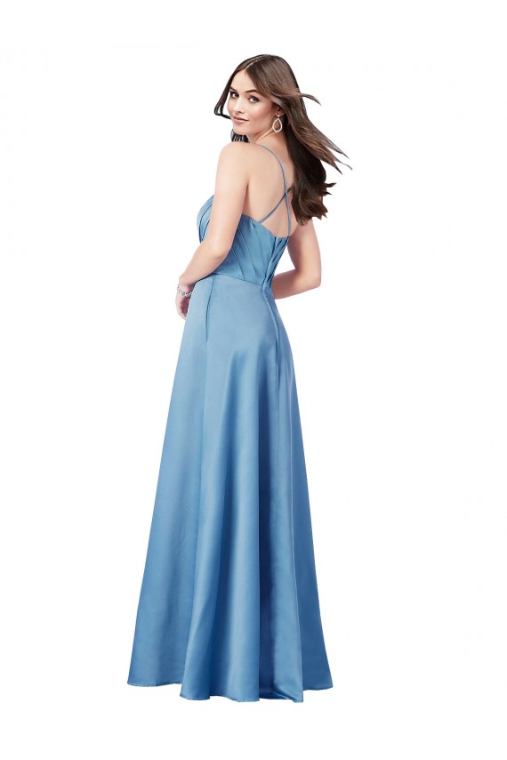Azul cielo Cubierta Tirantes espagueti Cuadrado Satén Largo Formales Vestidos de dama de honor / Vestidos de fiesta Al Por Mayor