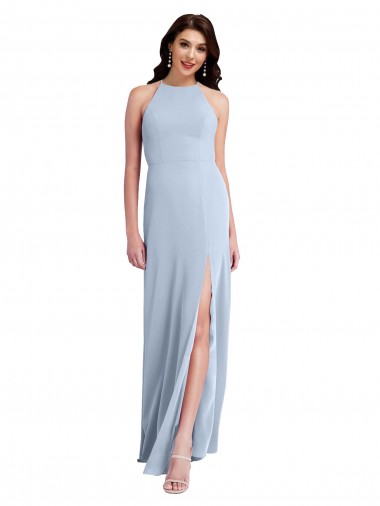 Azul cielo claro Cubierta Halter Cuello Alto Crepé Elástico Largo Formales Vestidos de dama de honor / Vestidos de fiesta Al Por Mayor