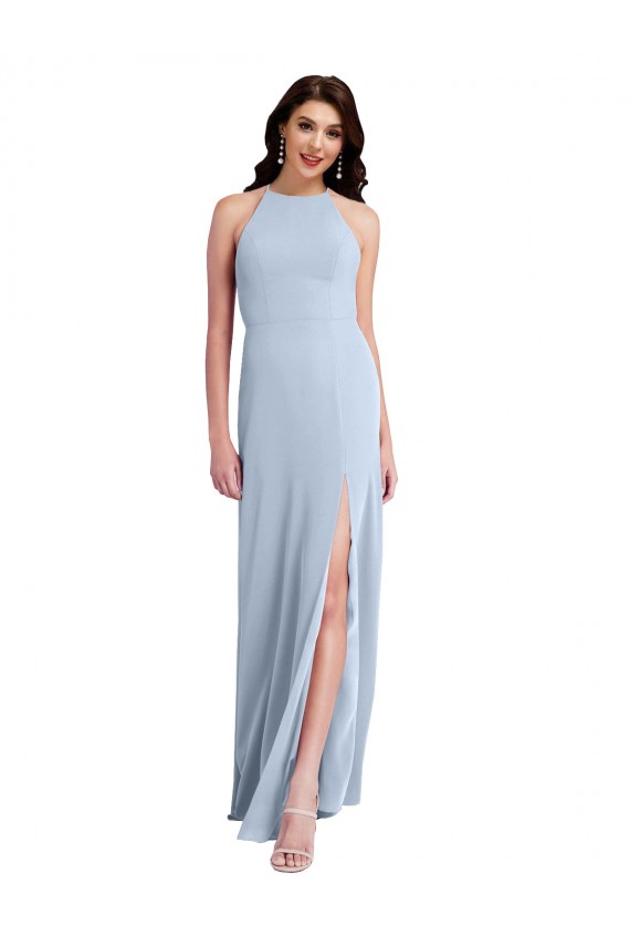 Azul cielo claro Cubierta Halter Cuello Alto Crepé Elástico Largo Formales Vestidos de dama de honor / Vestidos de fiesta Al Por Mayor