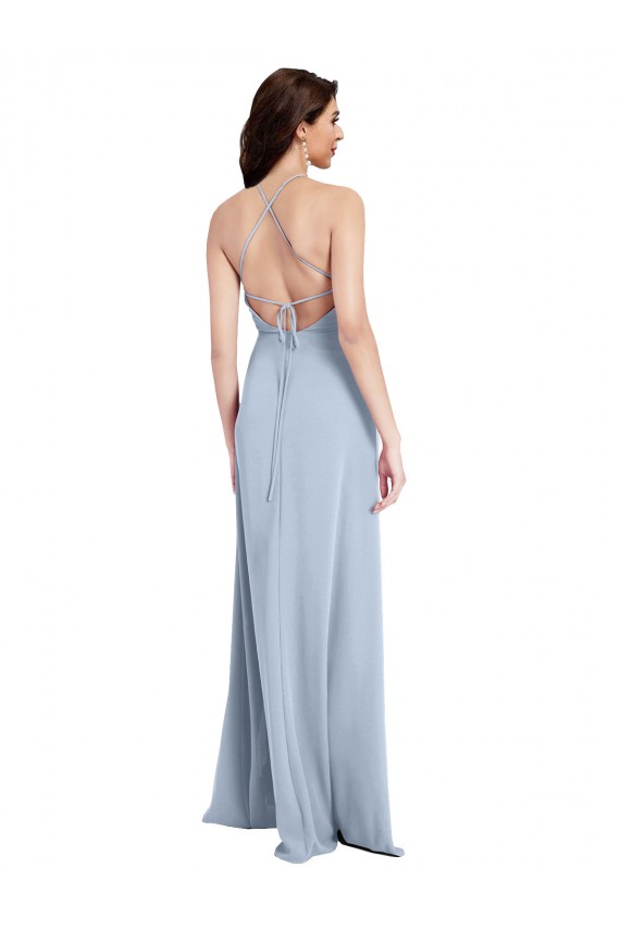 Azul cielo claro Cubierta Halter Cuello Alto Crepé Elástico Largo Formales Vestidos de dama de honor / Vestidos de fiesta Al Por Mayor