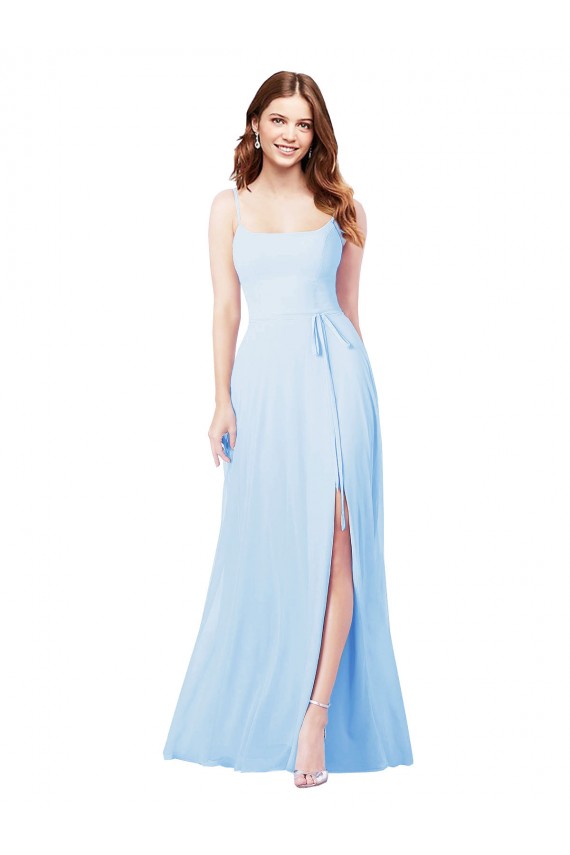 Azul cielo claro Cubierta Tirantes espagueti Cuadrado Gasa Largo Vestidos de dama de honor Al Por Mayor