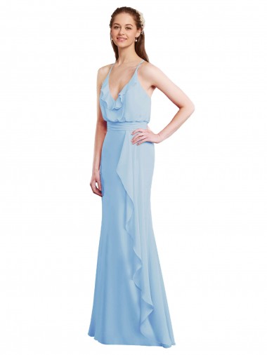 Azul cielo claro Sirena Tirantes espagueti Cuello en V Gasa Largo Vestidos de dama de honor Al Por Mayor