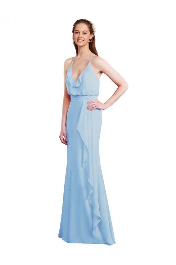 Azul cielo claro Sirena Tirantes espagueti Cuello en V Gasa Largo Vestidos de dama de honor Al Por Mayor