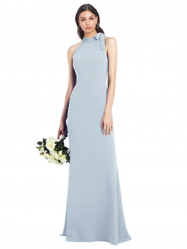 Azul cielo claro Trompeta Cuello Barco Cuello Alto Halter Crepé Elástico Largo Vestidos de dama de honor / Vestidos de fiesta Al Por Mayor