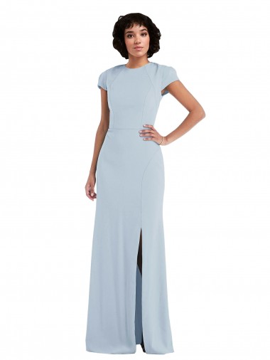 Azul cielo claro Trompeta Cuello joya Crepé Elástico Largo Vestidos de dama de honor Al Por Mayor