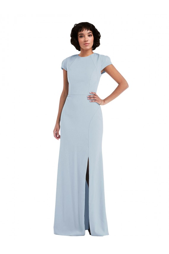 Azul cielo claro Trompeta Cuello joya Crepé Elástico Largo Vestidos de dama de honor Al Por Mayor