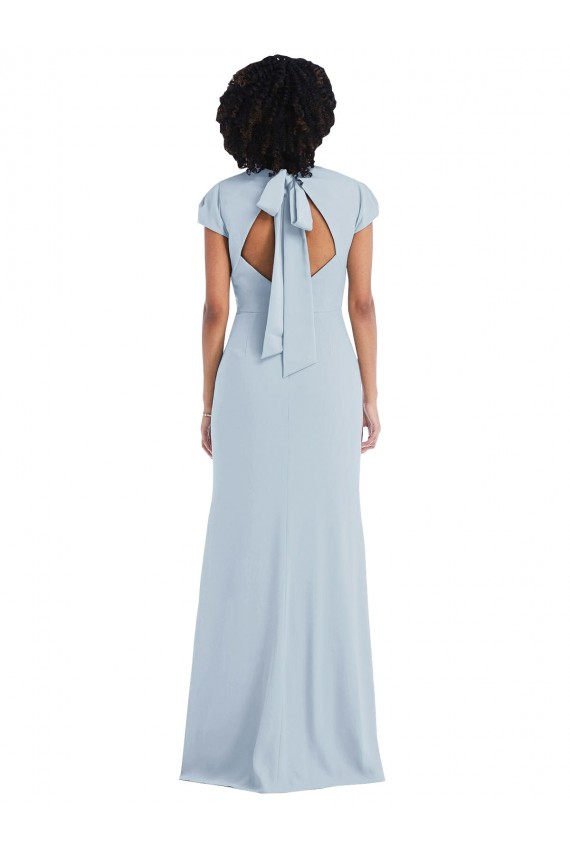 Azul cielo claro Trompeta Cuello joya Crepé Elástico Largo Vestidos de dama de honor Al Por Mayor