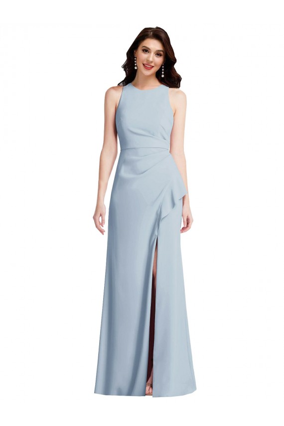Azul cielo claro Trompeta Halter Crepé Elástico Largo Vestidos de dama de honor / Vestidos de fiesta Al Por Mayor