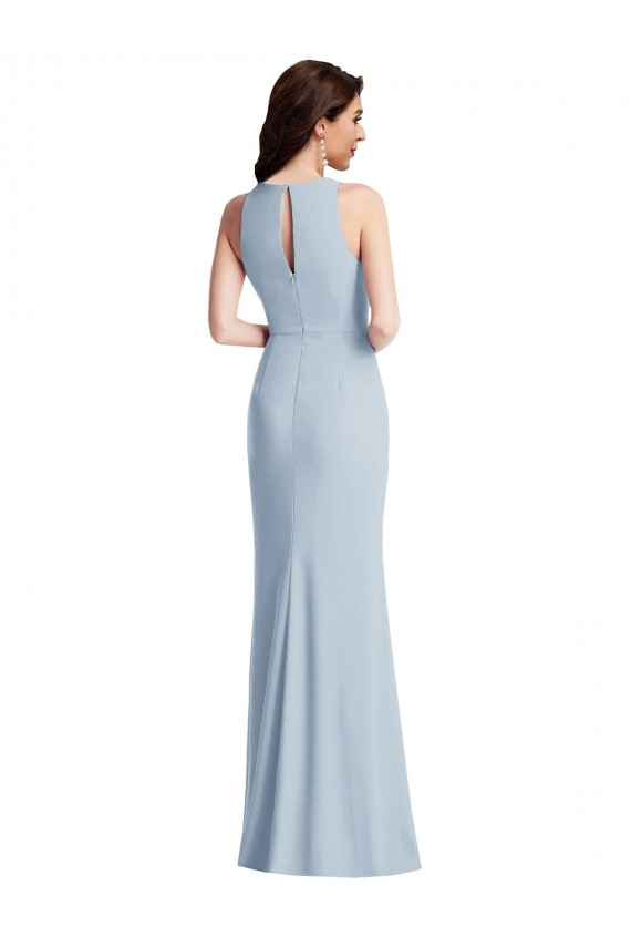 Azul cielo claro Trompeta Halter Crepé Elástico Largo Vestidos de dama de honor / Vestidos de fiesta Al Por Mayor