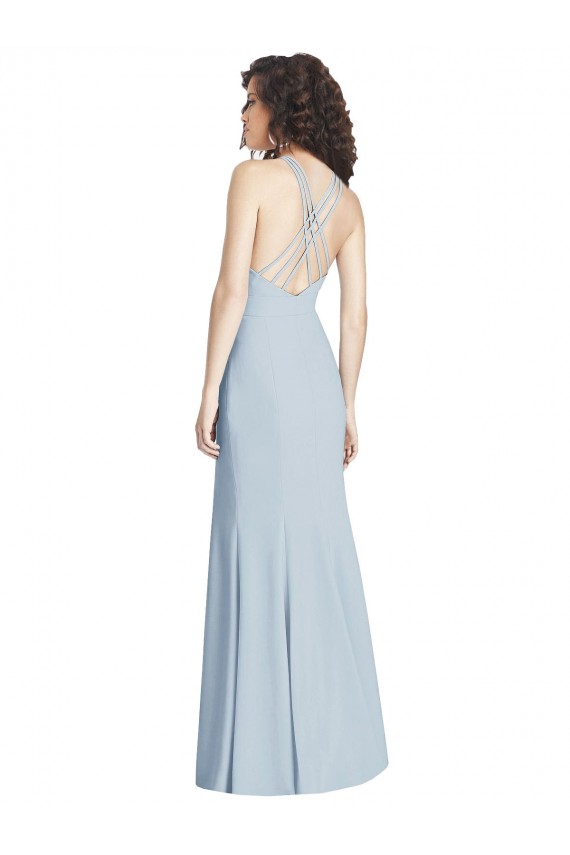 Azul cielo claro Trompeta Halter Crepé Elástico Largo Vestidos de dama de honor / Vestidos de fiesta Al Por Mayor