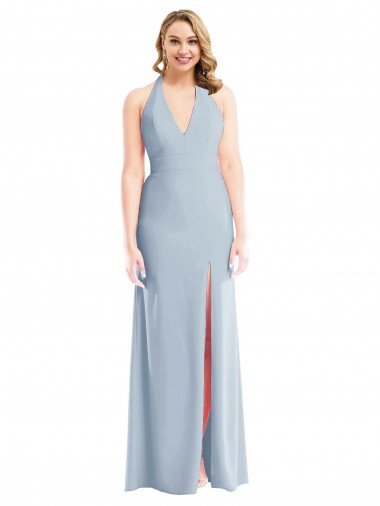 Azul cielo claro Trompeta Halter Crepé Elástico Largo Vestidos de dama de honor / Vestidos de fiesta Al Por Mayor