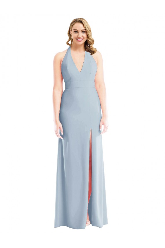 Azul cielo claro Trompeta Halter Crepé Elástico Largo Vestidos de dama de honor / Vestidos de fiesta Al Por Mayor