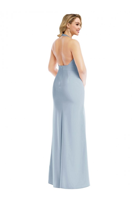 Azul cielo claro Trompeta Halter Crepé Elástico Largo Vestidos de dama de honor / Vestidos de fiesta Al Por Mayor