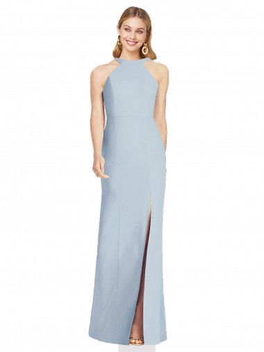 Azul cielo claro Trompeta Halter Cuello Alto Crepé Elástico Largo Formales Vestidos de dama de honor / Vestidos de noche Al Por Mayor