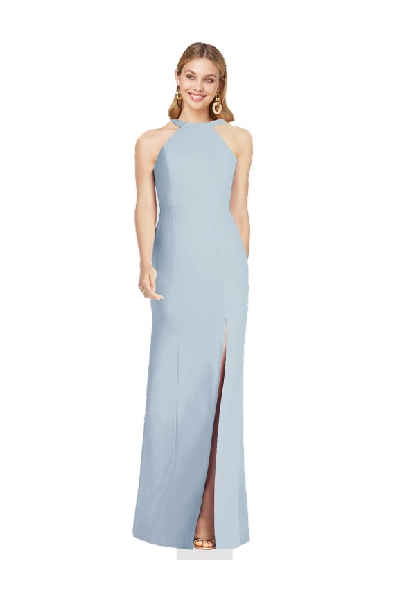 Azul cielo claro Trompeta Halter Cuello Alto Crepé Elástico Largo Formales Vestidos de dama de honor / Vestidos de noche Al Por Mayor