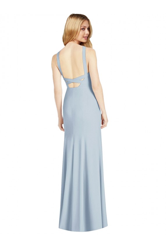 Azul cielo claro Trompeta Halter Cuello Alto Crepé Elástico Largo Formales Vestidos de dama de honor / Vestidos de noche Al Por Mayor